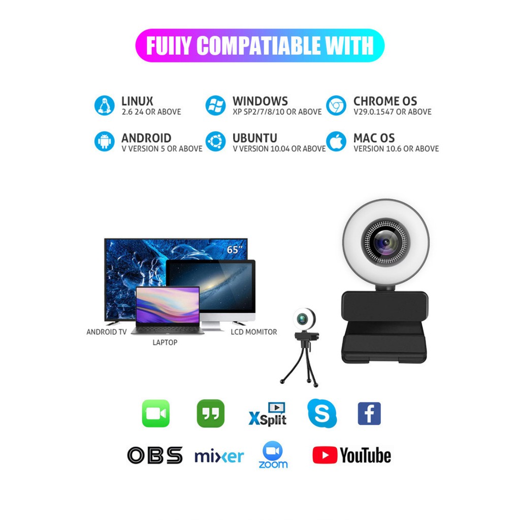 Webcam Full HD 1080p 2K Tích Hợp Đèn Led Trợ Sáng Livestream Có Mic HTZ002 | BigBuy360 - bigbuy360.vn