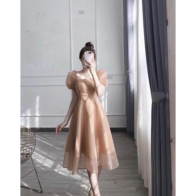 Đầm tiểu thư tay phồng đính nút ngọc chụp hình kỷ yếu Repi BT125