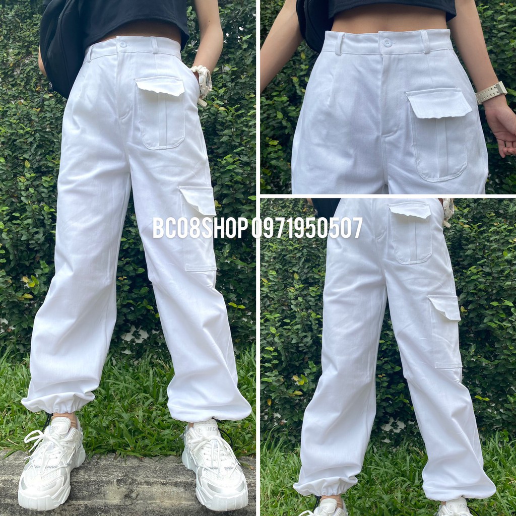 Quần Jogger Túi Hộp Màu Trắng chất vải Kaki Dầy co giãn BC309