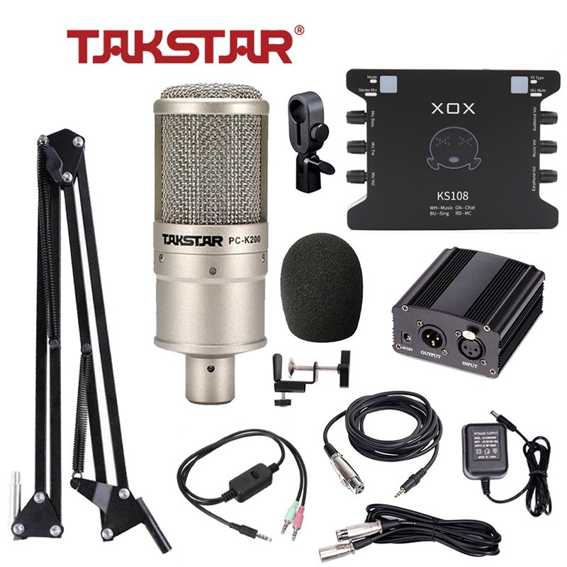 Combo đầy đủ thu âm, hát karaoke livestream chuyên nghiệp Mic Takstar PC-K200 + Soundcard XOX-K10/KS108 + nguồn mic