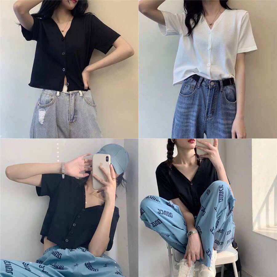 [ Mã WASTAPR giảm 10K đơn 50K] Áo crotop cổ tim phối cúc nhiều màu | BigBuy360 - bigbuy360.vn