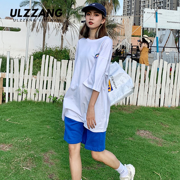 Áo thun tay lỡ ULZZANG cotton dáng unisex form rộng in hình cầu vồng nubh