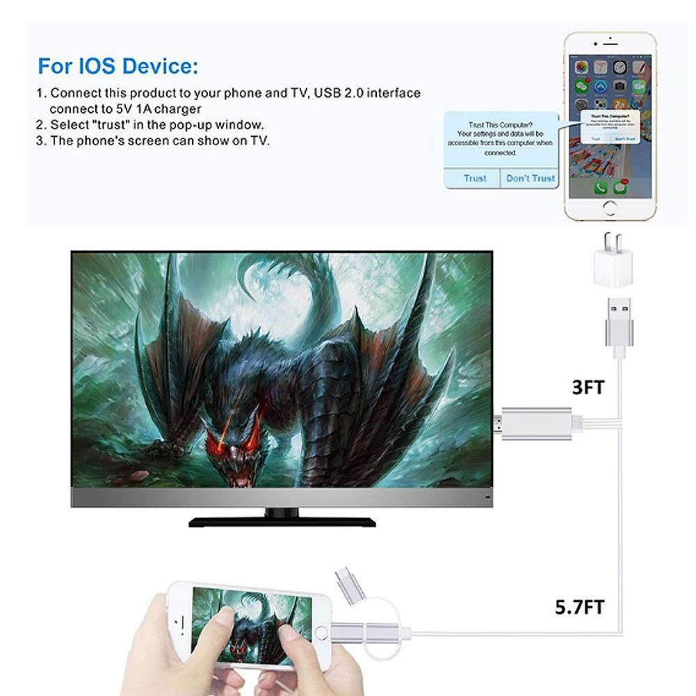 Cáp 3 trong 1 Lighting / Type-C / Micro USB to HDMI cho iPhone huawei xiaomi oppo vivo Devices