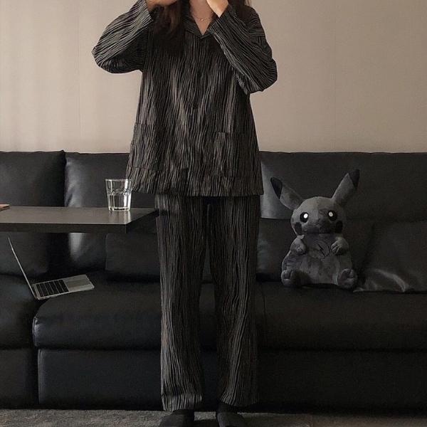 Bộ đồ nữ Pijama lụa dài tay quần dài kẻ sọc xám đen mặc ở nhà mùa đông cao cấp chất dày phong cách Hàn Quốc-BND15