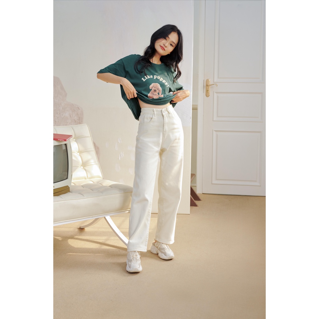 Quần jeans culottes trơn màu kem LENCLOTHING 8399