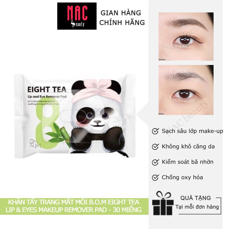 Khăn Ướt Tẩy Trang Mắt Môi B.O.M Chiết Xuất 8 Loại Trà Eight Tea Lips &amp; Eyes Makeup Remover Pad 30 Miếng