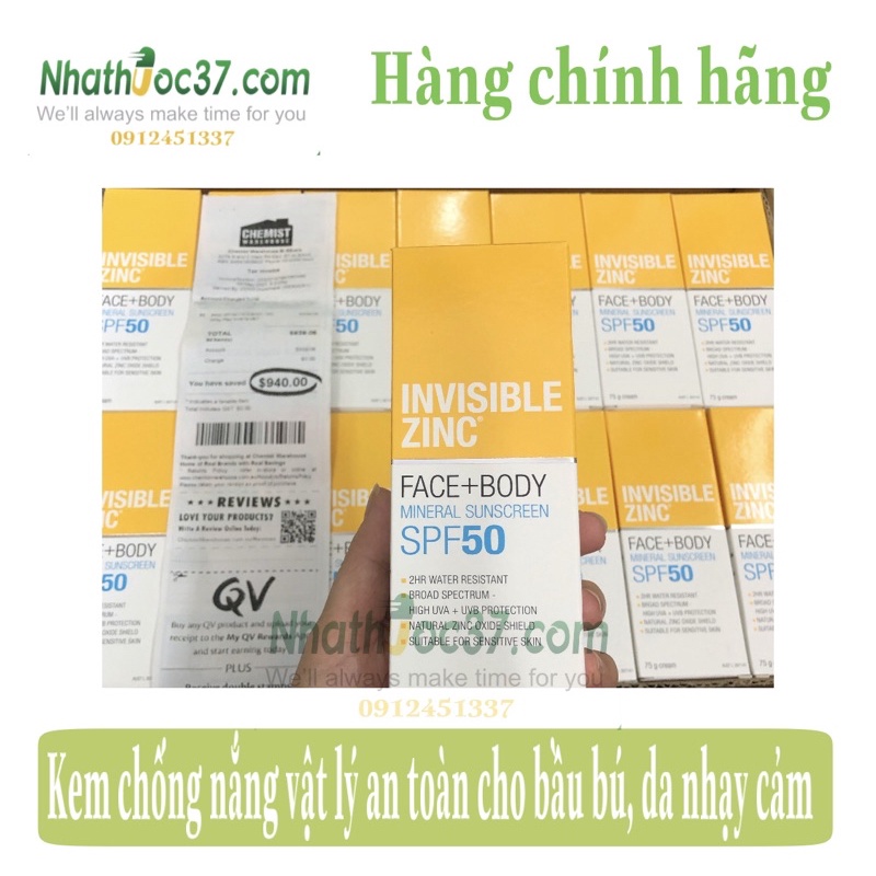 Kem chống nắng Invisible ZinC SPF 50 Úc, chống nắng vật lý dùng được cho nhạy cảm, da mụn, cho phụ nữ mang thai