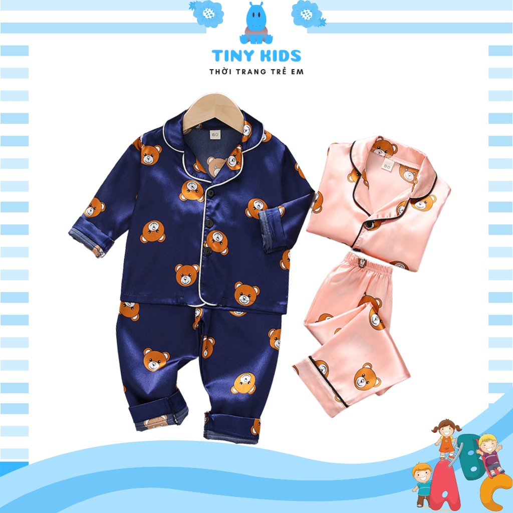 Đồ bộ ngủ cho bé gái trai in hình gấu, Bộ Đồ Ngủ Pijama Cho Bé Dài Tay Thoáng Mát Size Từ 7-28kg - TINY KIDS