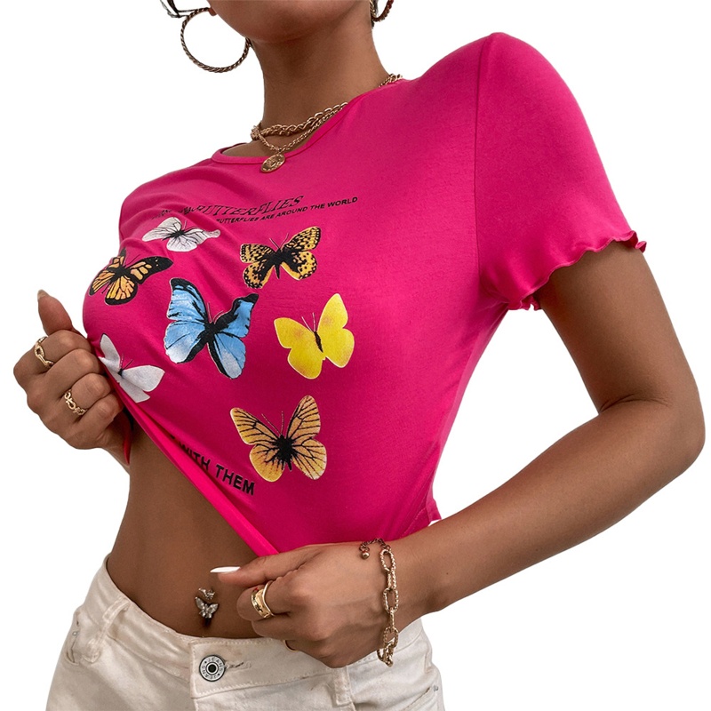 Áo Thun Crop Top Tay Ngắn Phối Bèo Họa Tiết Bướm Nhiều Màu Thời Trang Mùa Hè Cho Nữ