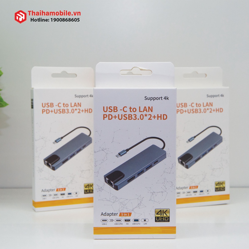 Hub Type C 5in1 - Cổng chuyển đổi USB Type-C to HDMI, USB 3.0, LAN, PD cho Laptop Macbook
