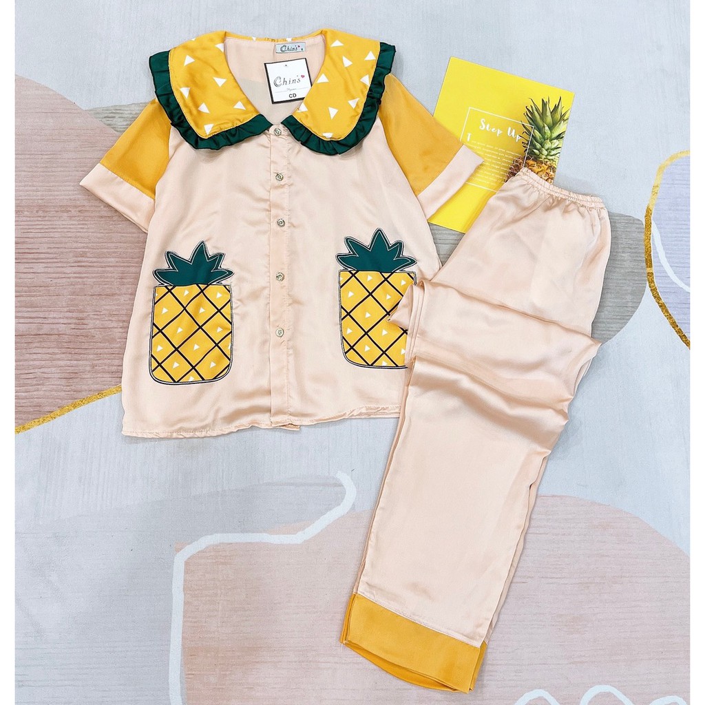 Bộ ngủ quần dài Pijama dài họa tiết dứa siêu xinh chất lụa satin cao cấp, mềm mịn và thoáng mát