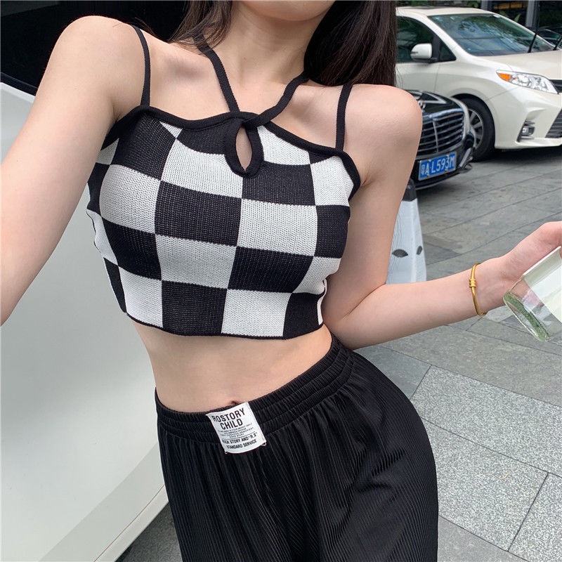Áo Hai Dây Dệt Kim Kẻ Sọc Kim Cương Retro Mùa Hè Cho Nữ