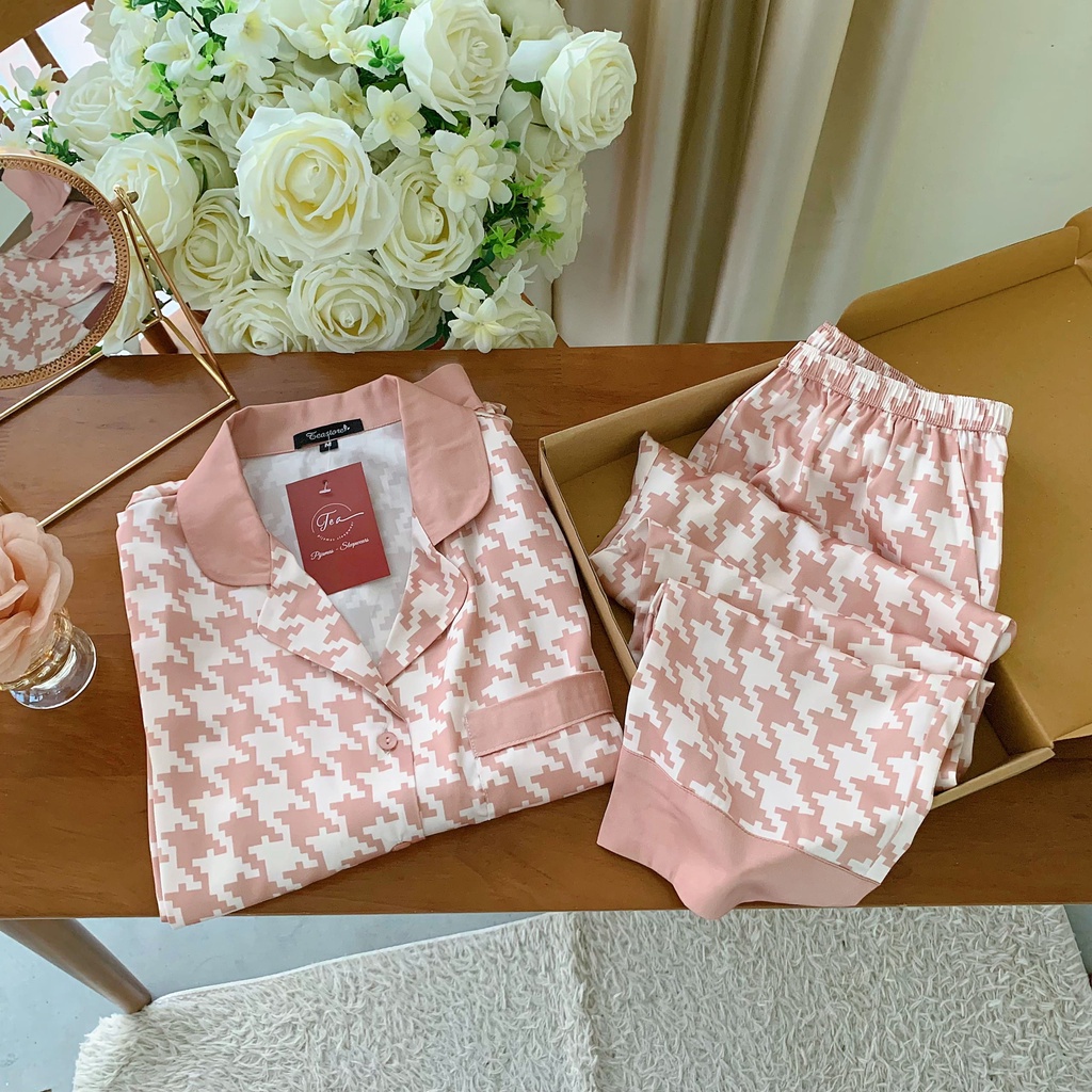 Bộ mặc nhà pyjama lụa cao cấp Tea Store tay dài quần dài họa tiết zigzag be