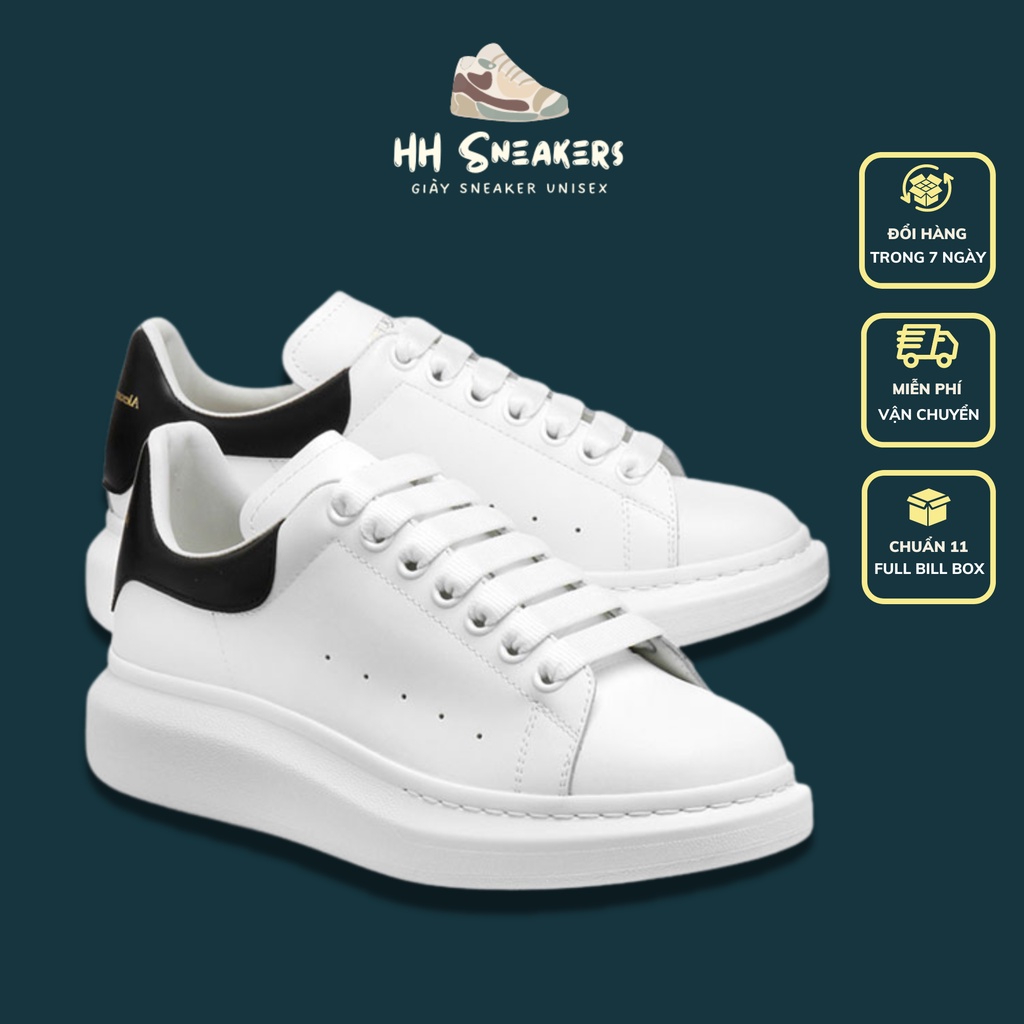 Giày thể thao nam nữ trắng  MC Queen gót nhung dây lụa - Giày MCQ trắng độn đế nam nữ Full Box