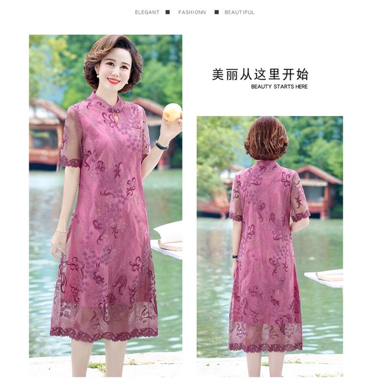 Đầm voan trung niên nữ cao cấp, thiết kế hoạ tiết thêu hoa lá trẻ trung, phối viền ren sang trọng  NV0649