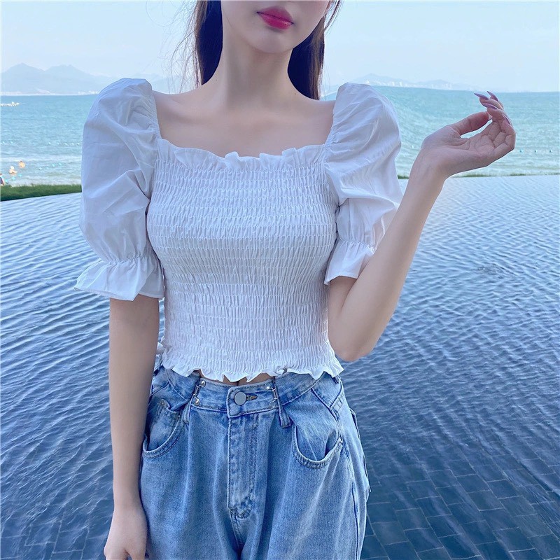 Áo Croptop Cổ Vuông Bánh Bèo Trễ Vai Chun Thân Nhún Bèo Trắng Sexy, Chất Thun Mềm