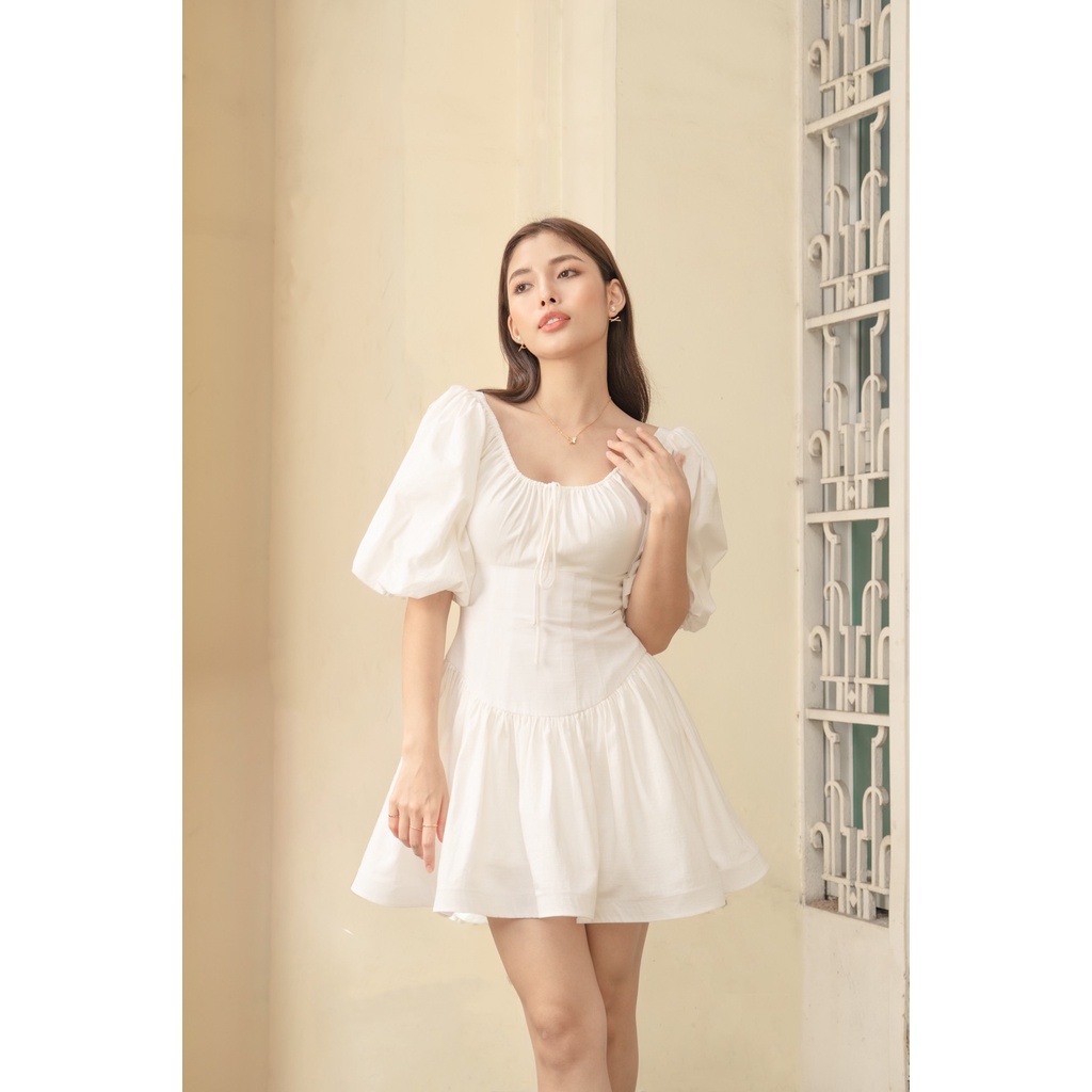 Đầm linen trắng xoè tay phồng - belle dress - dearie.club