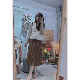 Áo gile len ulzzang cổ tim, chân váy bầu, áo giữ nhiệt