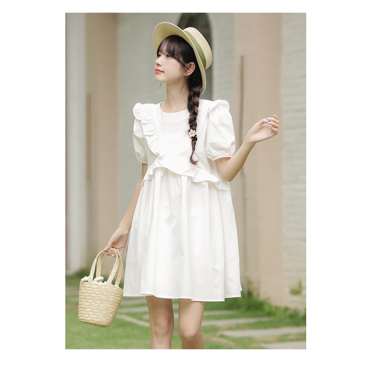 [Ảnh thật/Sẵn] Váy babydoll viền bèo vai chéo ngực dáng xòe tay bồng ulzzang