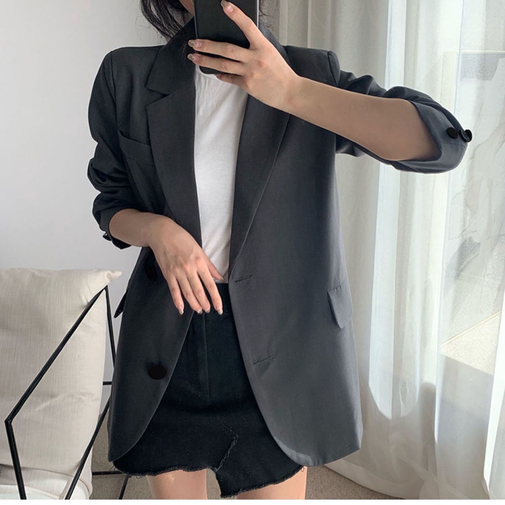 Áo khoác vest dáng dài màu xám phong cách retro Hàn Quốc thời trang xuân thu cho nữ