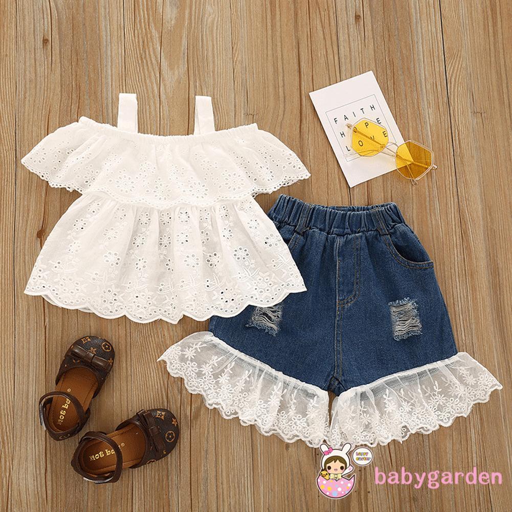 Áo Trễ Vai Kèm Quần Short Denim Viền Ren Cho Bé Gái