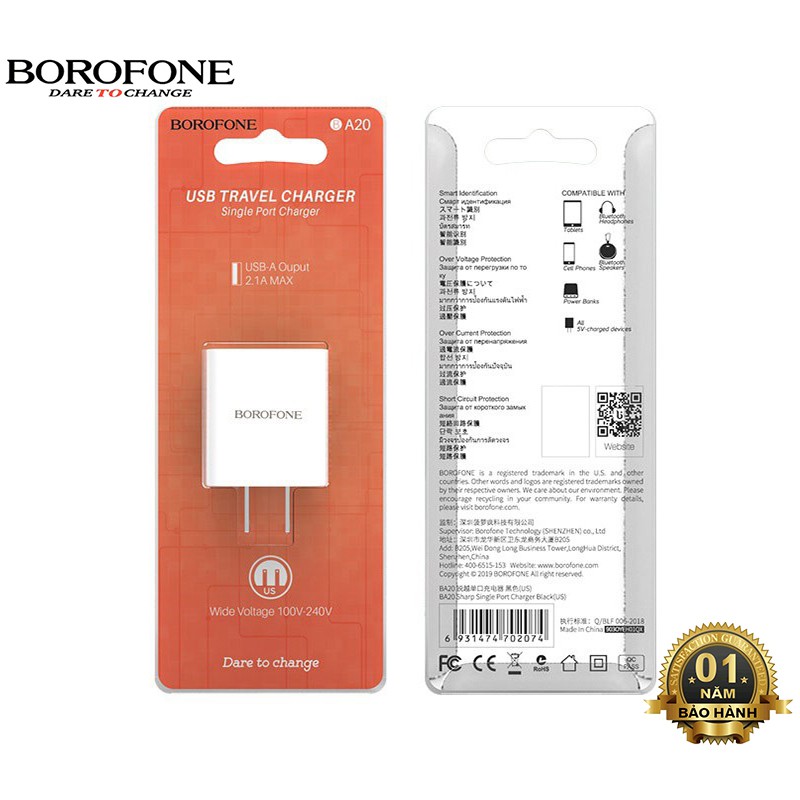 Củ sạc Borofone BA20 cổng USB 2.1A (Màu trắng)