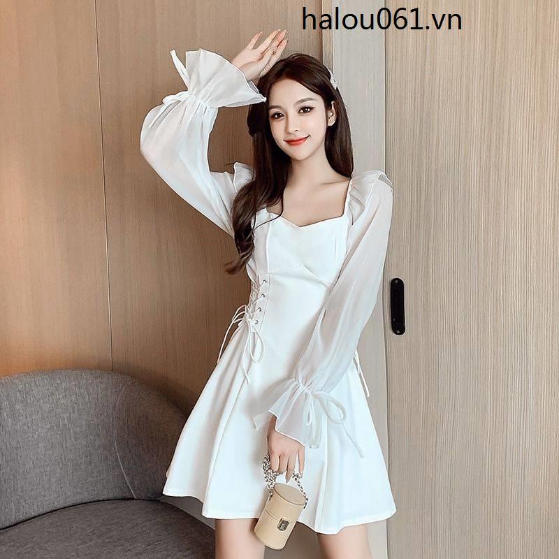 ✡♁ Cổ Phiếu Sẵn Sàng ✡♁ Đầm chiffon Cổ Vuông Ôm Eo Mẫu Mới Mùa Xuân Năm 2021 Thời Trang Cho Nữ