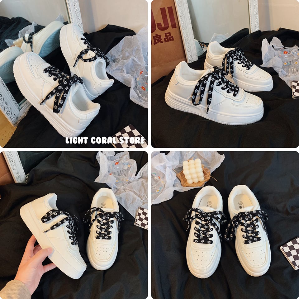(Order) Giày sneaker nữ màu trắng đế bánh mì thấp đục lỗ thoáng khí phối dây giày đen hoa nhí daisy xinh xắn