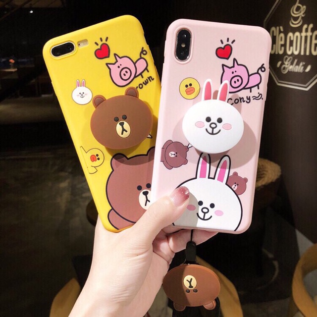 Ốp lưng Iphone gấu Brown và thỏ Cony ( TẶNG KÈM DÂY VÀ GIÁ ĐỠ )