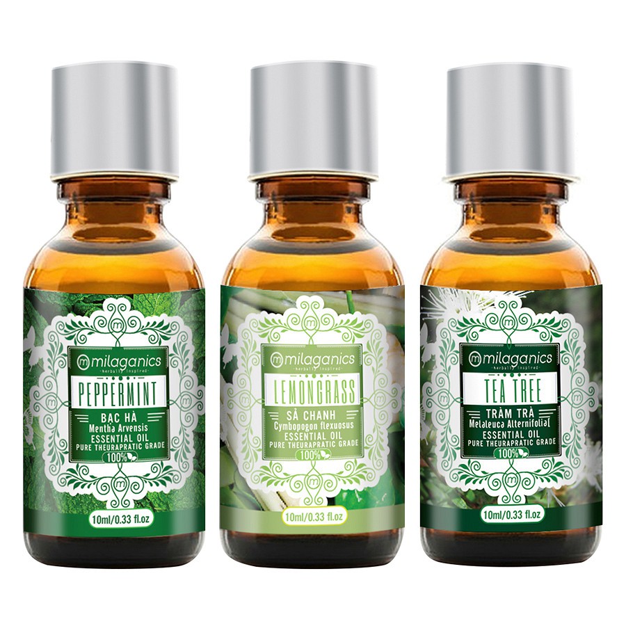 Combo 3 Tinh Dầu Milaganics: Tinh Dầu Sả Chanh (10ml) + Tinh Dầu Bạc Hà (10ml) + Tinh Dầu Tràm Trà Nguyên Chất (10ml)