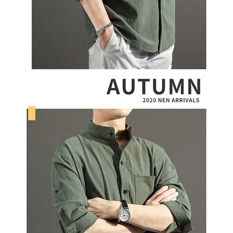 Áo Sơ Mi Lanh Tay Lửng Cổ Đứng Dáng Rộng Phong Cách Trung Hoa Cho Nam
