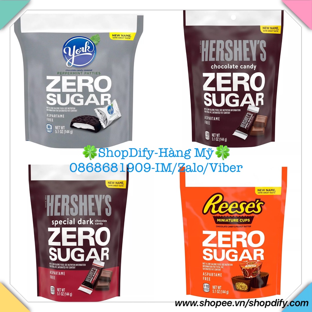 Socola Mỹ Không Đường HERSHEY’s Zero Sugar, Aspartame free Special Dark Chocolate Reese's Almond York Candy Sô cô la Đen