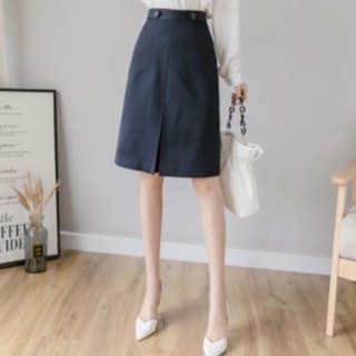 Váy Chữ A Lưng Cao Phong Cách Công Sở Madela Xẻ Trước Phối Đai Đính Cúc, Chân Váy Lưng Cao Xẻ Trước Phong Cách Hàn Quốc
