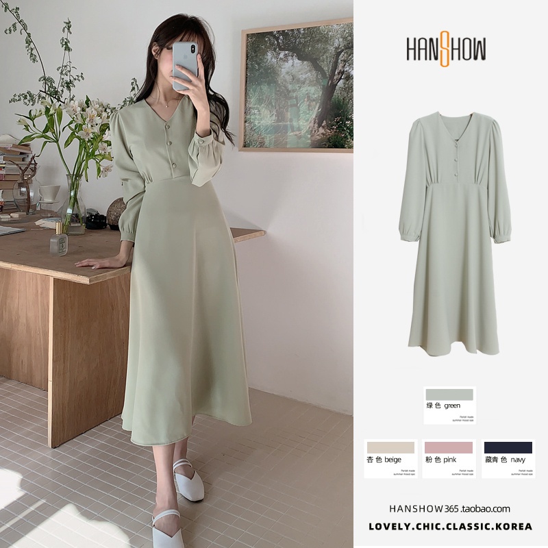 Đầm Midi Tay Dài Cổ Chữ V Màu Sắc Thanh Lịch Thời Trang Kiểu Pháp 2022 Cho Nữ