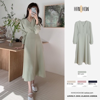 Đầm Midi Tay Dài Cổ Chữ V Màu Sắc Thanh Lịch Thời Trang Kiểu Pháp 2022 Cho Nữ