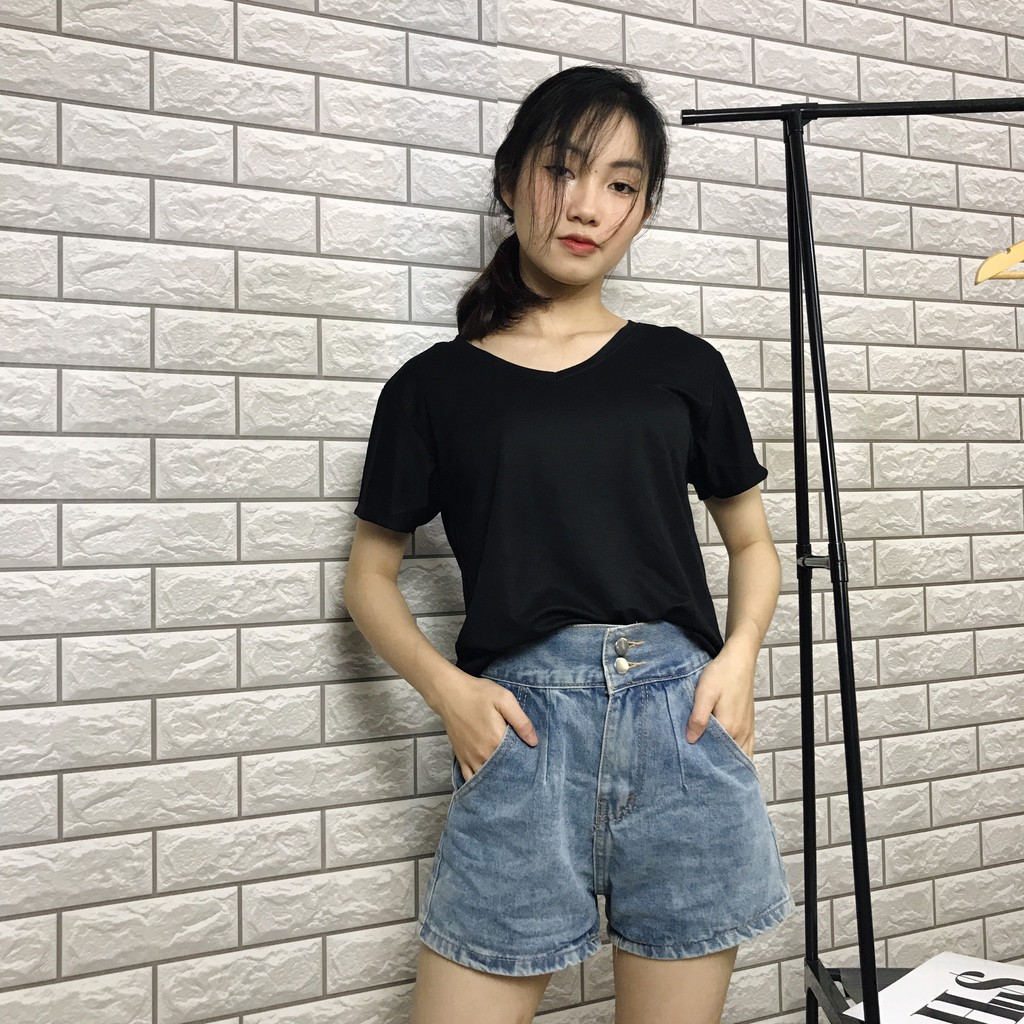 Quần short jean nữ ulzzang cạp cao hai cúc màu xanh cá tính