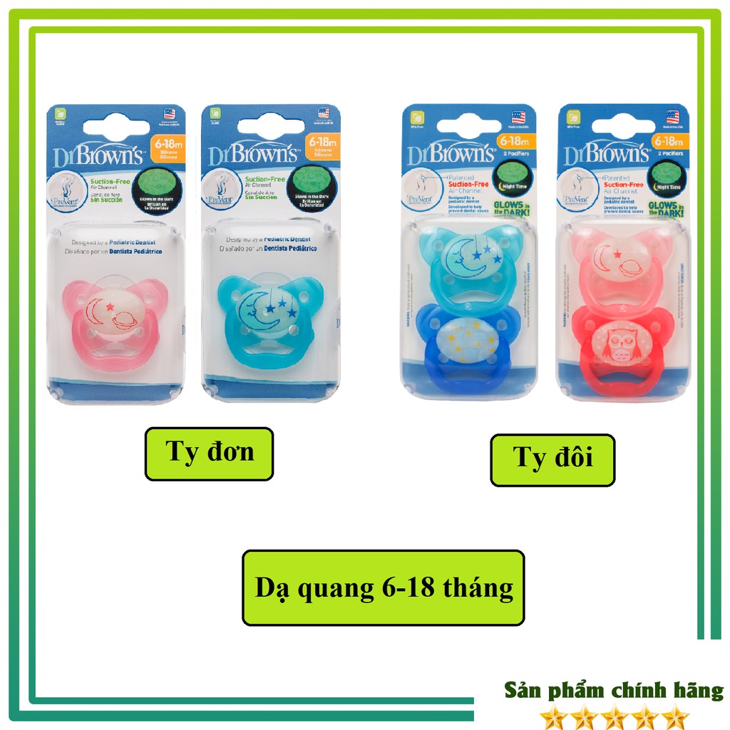 Set 2 ti giả PHÁT SÁNG CHỐNG VẨU ti ngậm chỉnh nha an toàn cho bé Dr.Brown's - USA (mẫu mới nhất)