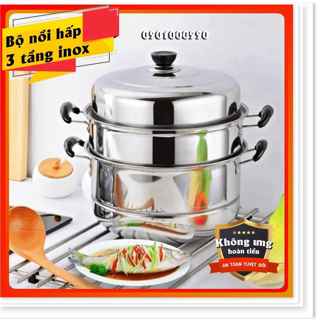 ⚡RẺ VÔ ĐỊCH⚡Nồi hấp 3 tầng inox cỡ lớn size 28cm, hấp bánh bao, xôi...sử dụng bếp từ