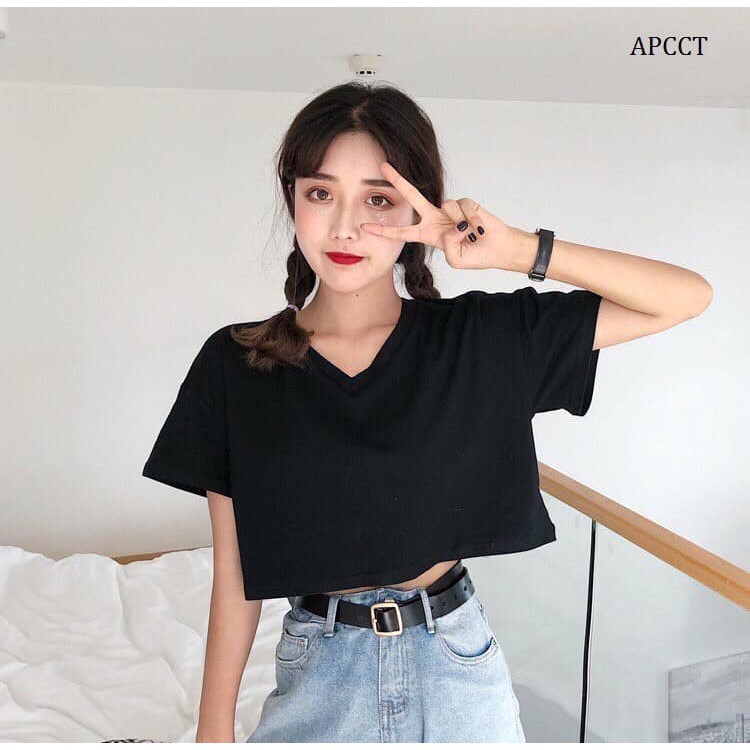 Áo Croptop Cổ Tim Basic Nữ ⚡ Casper.Store | FREESHIP | ⚡ Thun cổ V cộc tay hở bụng màu sắc cơ bản, trơn suông dáng ngắn