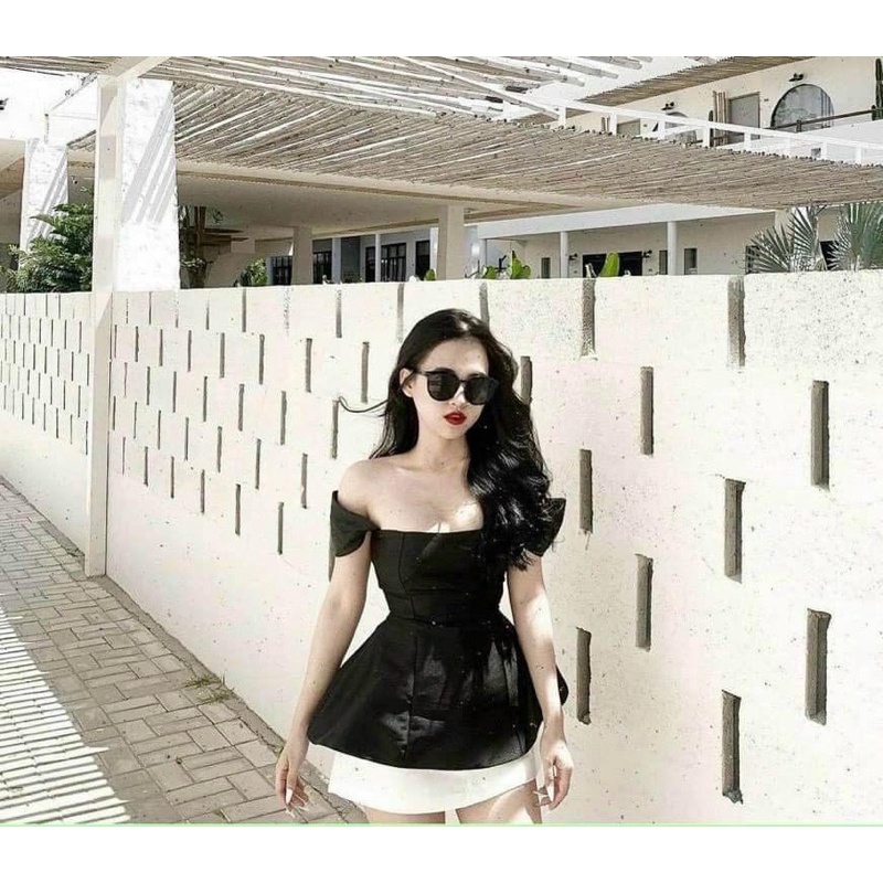 SET ÁO PEPLUM TAY TIÊN RỚT VAI ĐEN + CHÂN VÁY TRẮNG