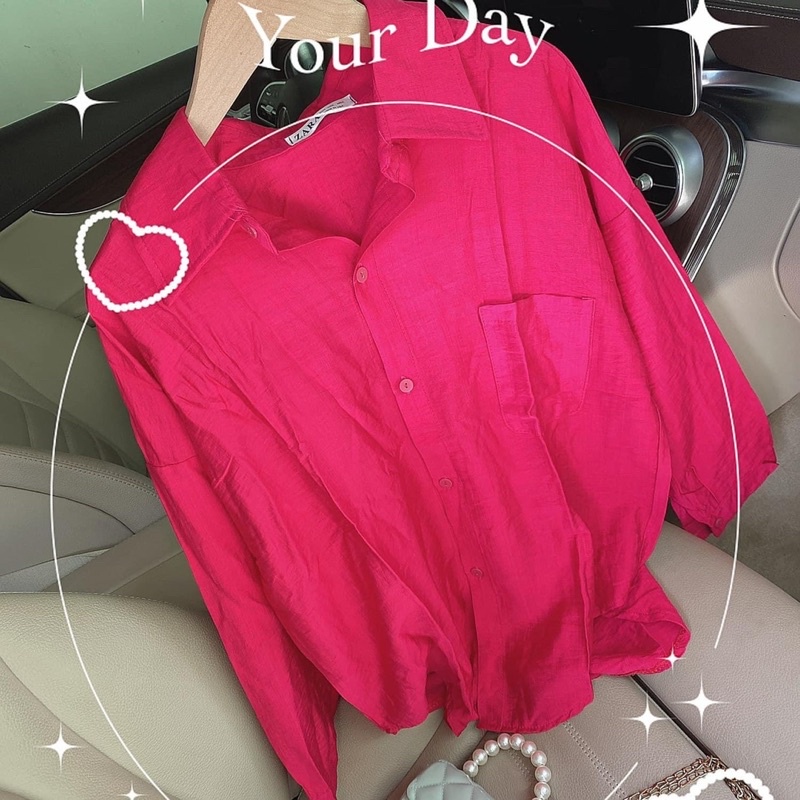 HÌNH THẬT - Áo sơ mi đũi hồng sen tay dài