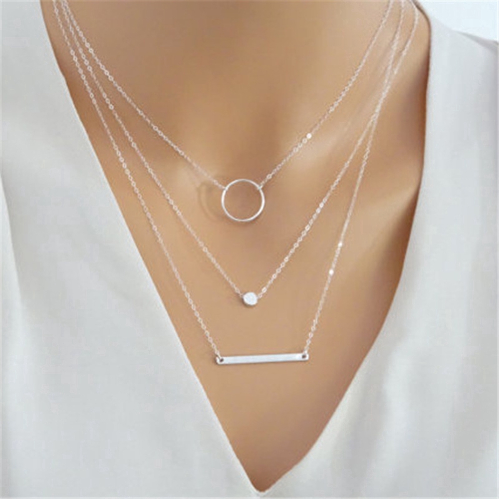 Vòng cổ dây xích dạng thả lủng lẳng mặt hình học nhiều lớp cho nữ