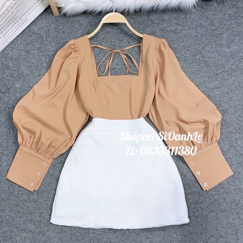 ❖♀☍Áo cổ vuông tay phồng thắt nơ sau dáng Croptop A46 | BigBuy360 - bigbuy360.vn