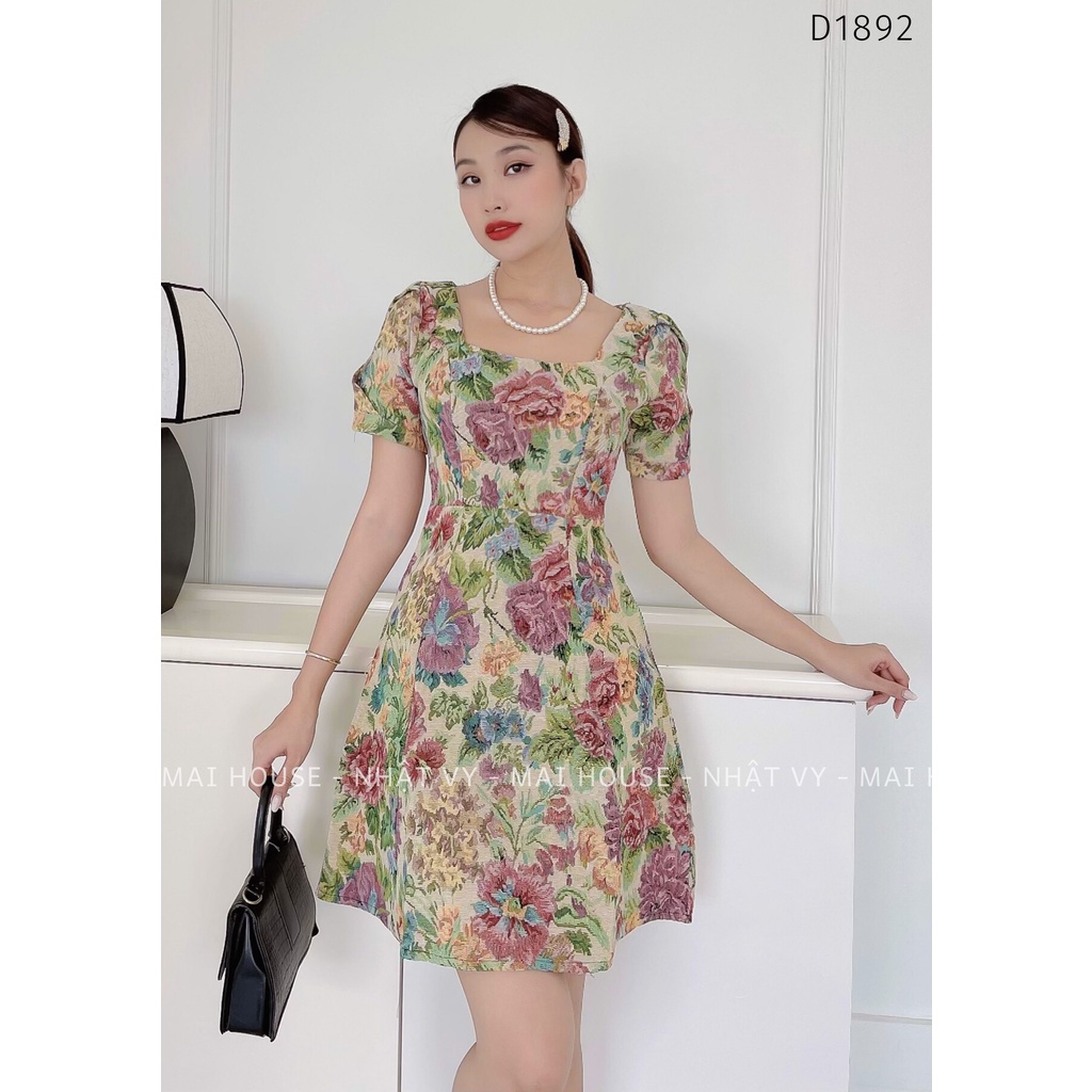 Đầm Nữ NHẬT VY Hoa Cổ Vuông Tay Ngắn Chiết Eo Chất Vải Bố Đi Chơi Dáng Xòe Màu Xanh - D1892