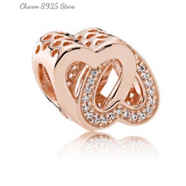 charm pan 2 trái tim vàng hồng đính đá bạc s925