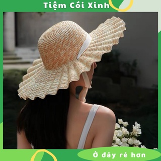 Mũ rộng vành lượn sóng dây cột siêu xinh, nón cói đi biển vintage rộng vành