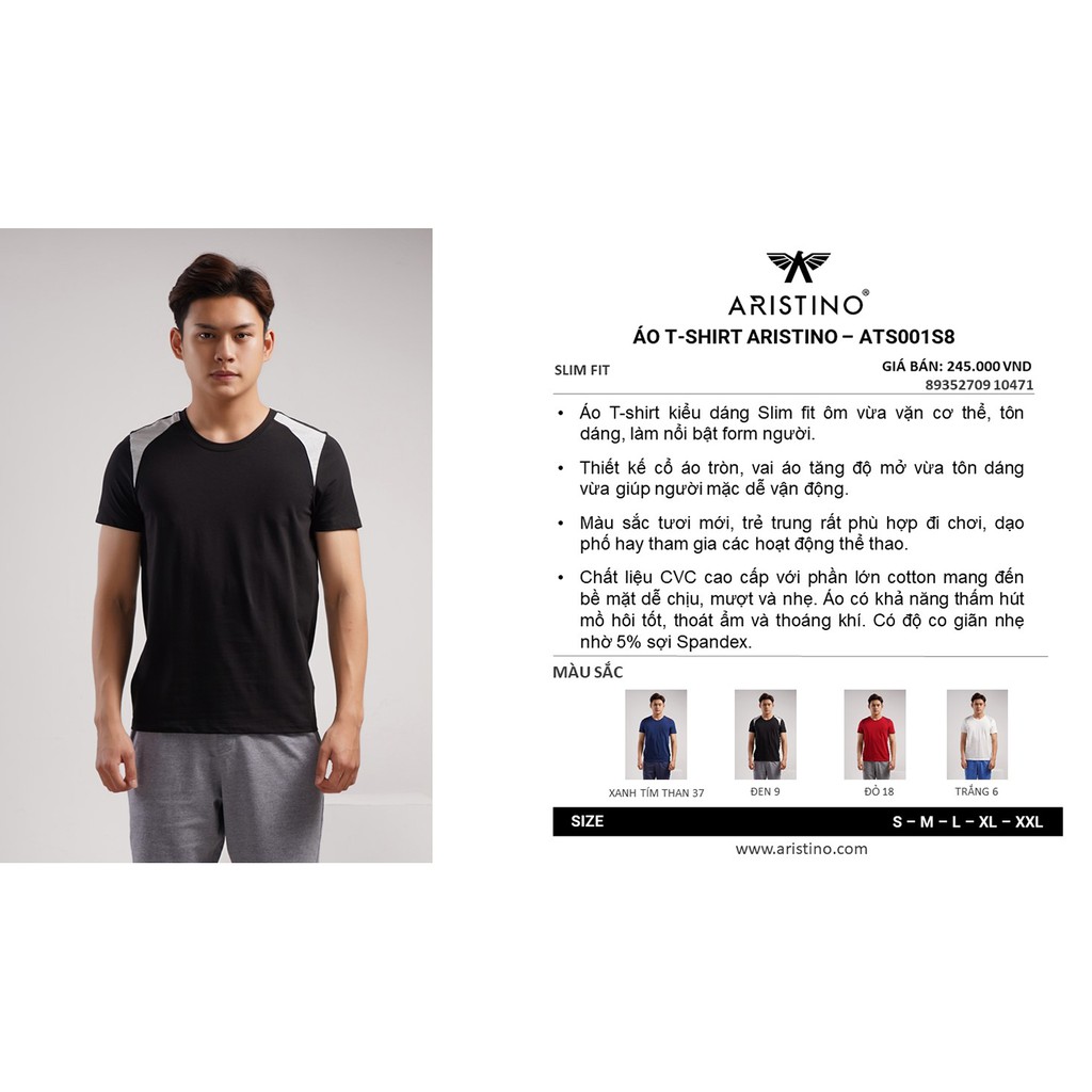 Áo t shirt ngắn tay nam Aristino CHÍNH HÃNG  ATS001S8, chất liệu cotton, dáng Slimfit, đáp vai trẻ trung