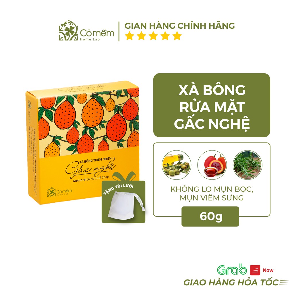 Xà bông Rửa Mặt Và Tắm Thiên Nhiên Gấc Nghệ Giảm Thâm Mụn Làm Sáng Da Cỏ Mềm 60gr