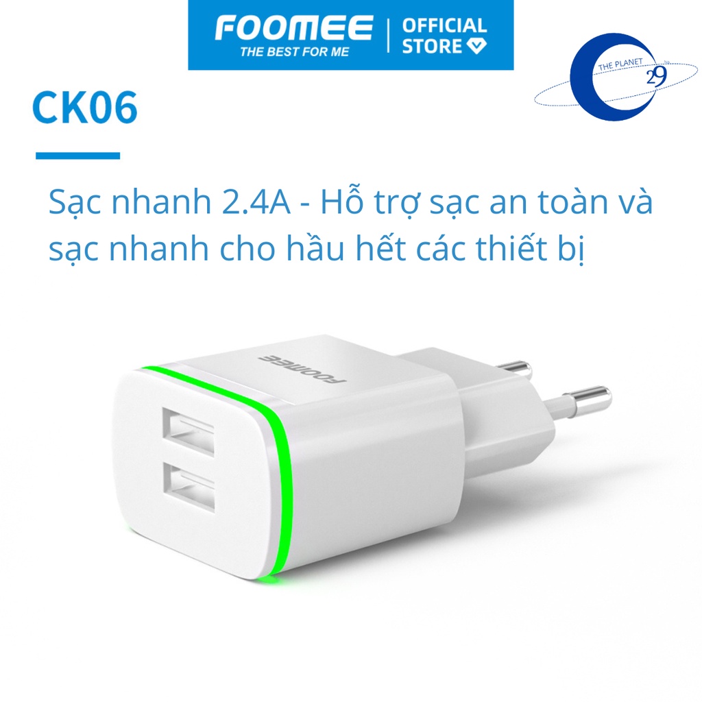 CK06 Củ sạc 2 Cổng USB FOOMEE Sạc Nhanh 2 Thiết Bị Cùng Lúc Hàng chính hãng - PHỤ KIỆN SỐ