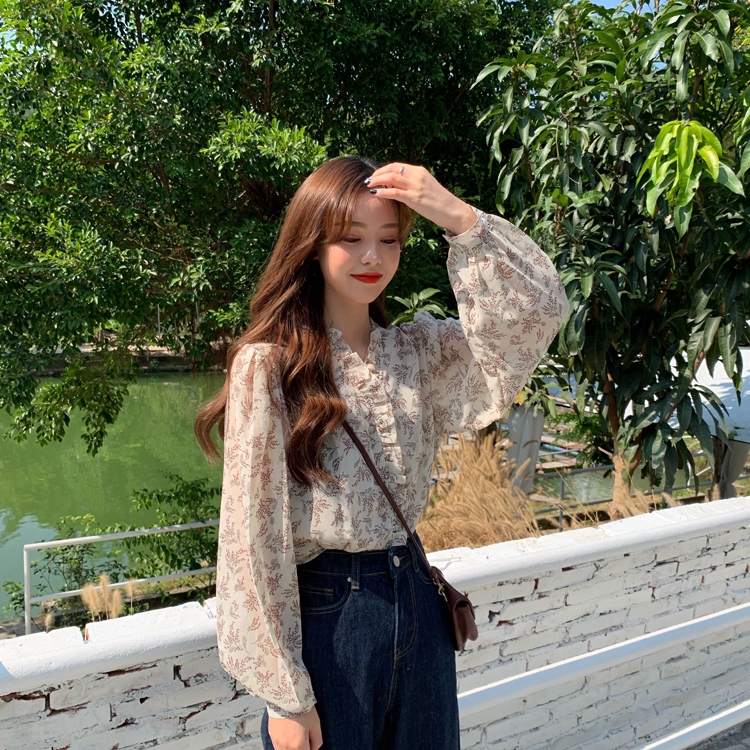 Áo Sơ Mi Chiffon Tay Dài Cổ Chữ V Họa Tiết Hoa Phong Cách Hàn Quốc Cho Nữ